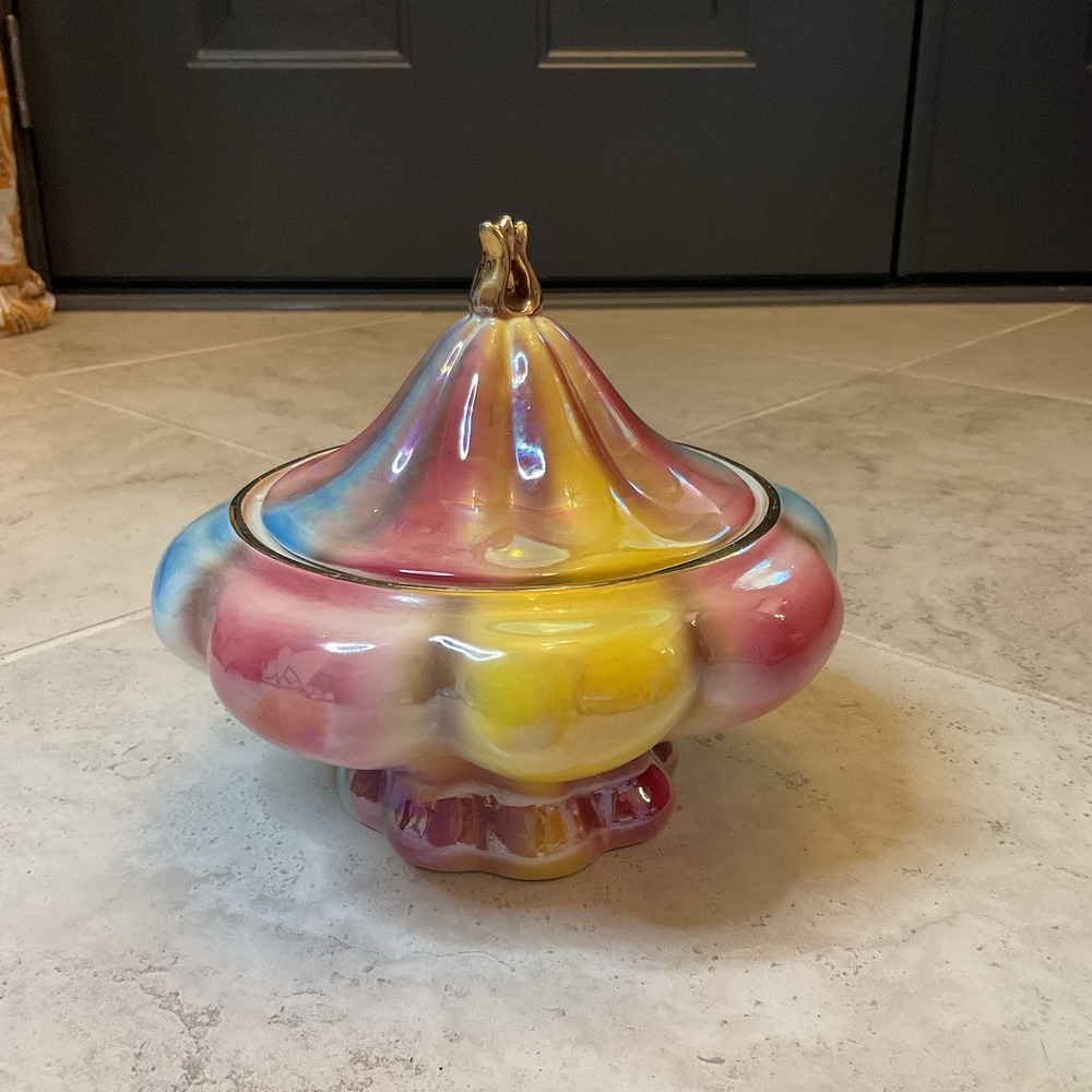Vintage Italian Rainbow Majolica Carnival Lidded Candy Dish/bowl Italy, Numbered